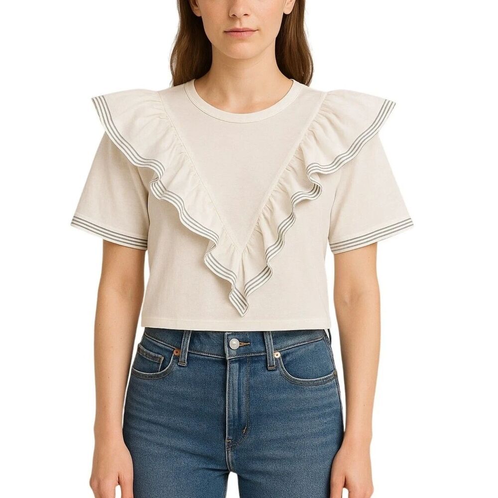 Saylor Anthropologie‎ Harriette Denim Ruffle Sailor Top White Nautical Sailor XS